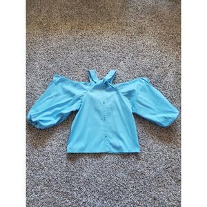 INC International Concepts Button Up Cold Shoulder Top Blue M New